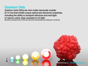 Quantum dots (QDs) are man-made nanoscale crystals (2-10 nm) that exhibit unique optical and electronic properties, including the ability to transport electrons and emit light of various colors when exposed to UV light. Qdots compared with STNV tiny virus and CoEnz Q.